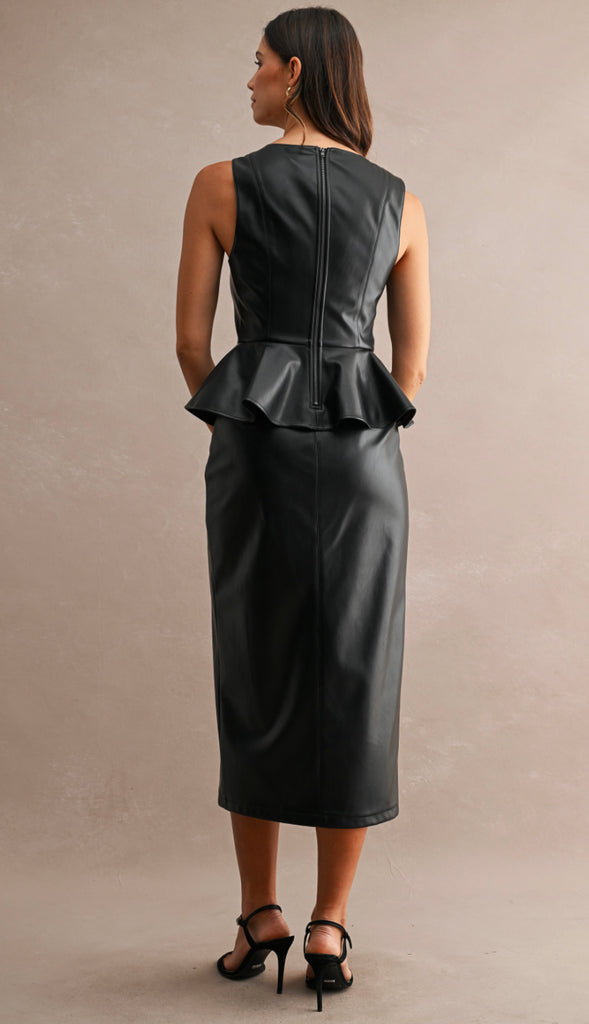 Wow Factor Faux Leather Midi Skirt- Black