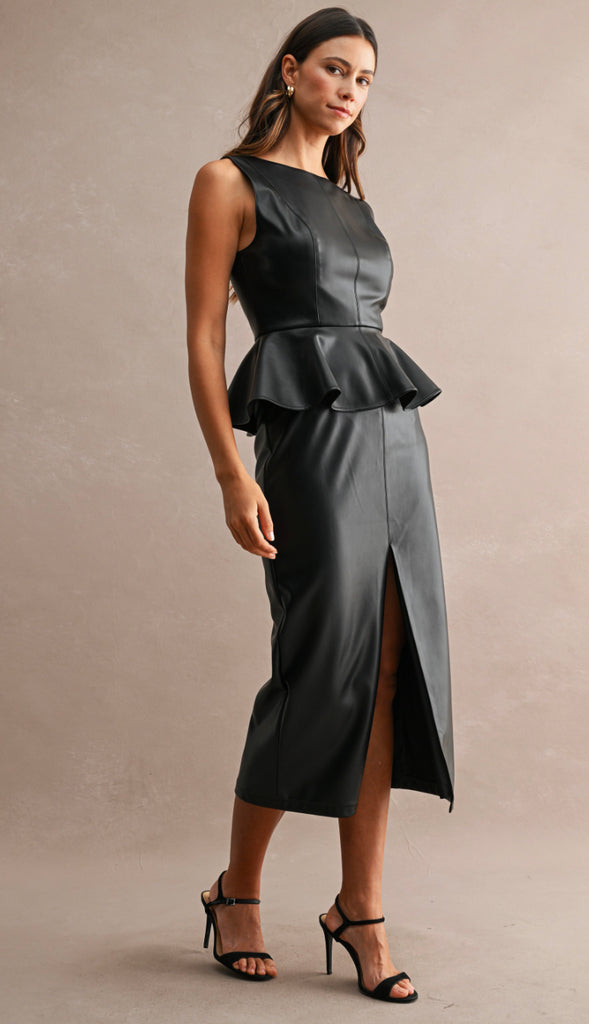 Wow Factor Faux Leather Midi Skirt- Black