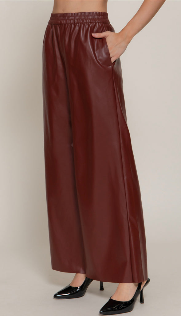 Phoenix Straight Faux Leather Wide Leg Pants- Black
