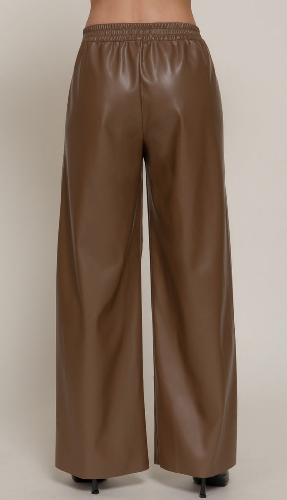 Phoenix Straight Faux Leather Wide Leg Pants- Mocha