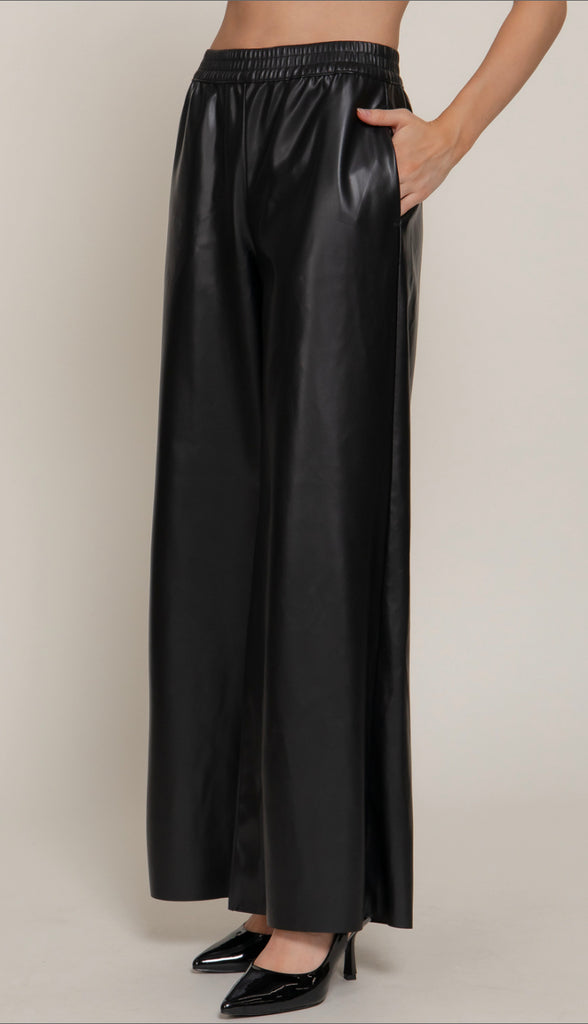 Phoenix Straight Faux Leather Wide Leg Pants- Black