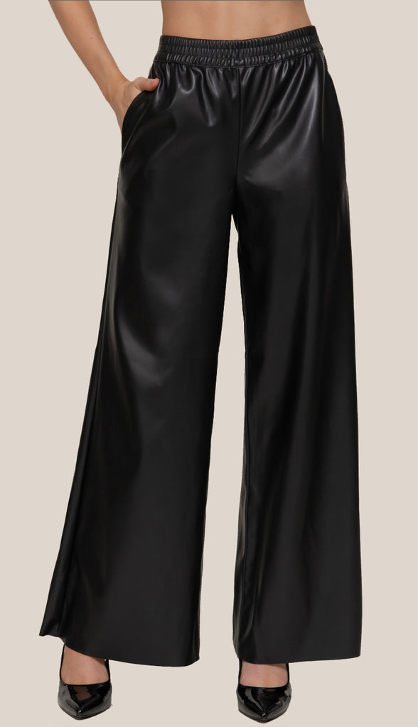 Phoenix Straight Faux Leather Wide Leg Pants- Black
