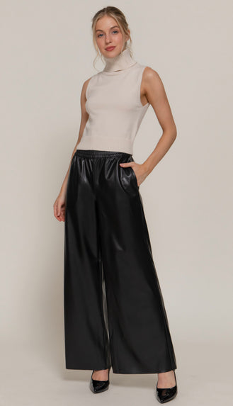 Phoenix Straight Faux Leather Wide Leg Pants- Black