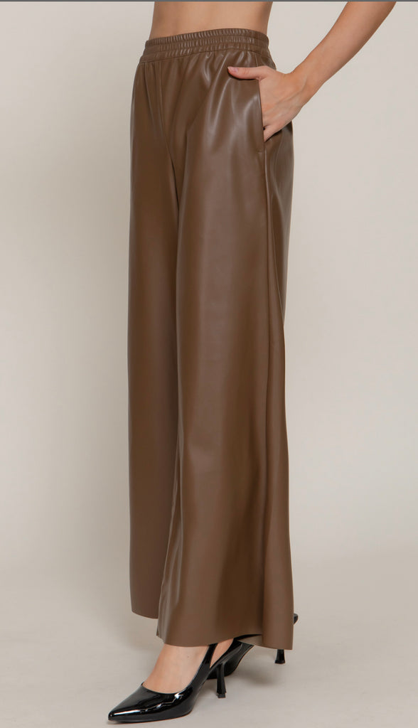 Phoenix Straight Faux Leather Wide Leg Pants- Black
