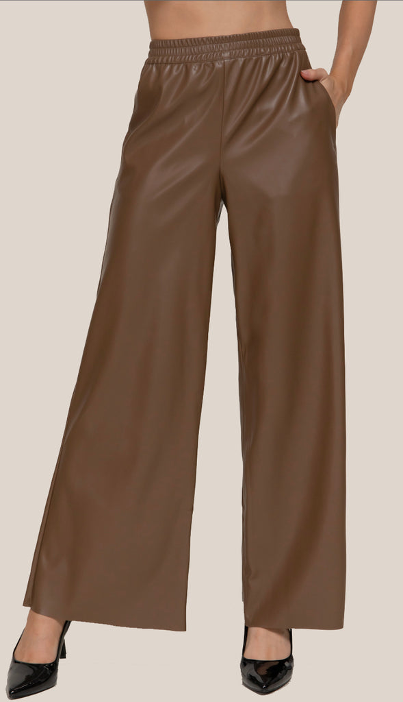 Phoenix Straight Faux Leather Wide Leg Pants- Black