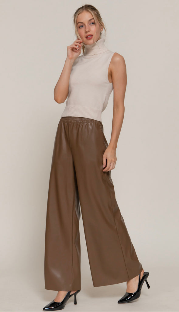 Phoenix Straight Faux Leather Wide Leg Pants- Burgundy