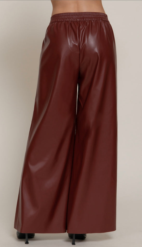Phoenix Straight Faux Leather Wide Leg Pants- Burgundy