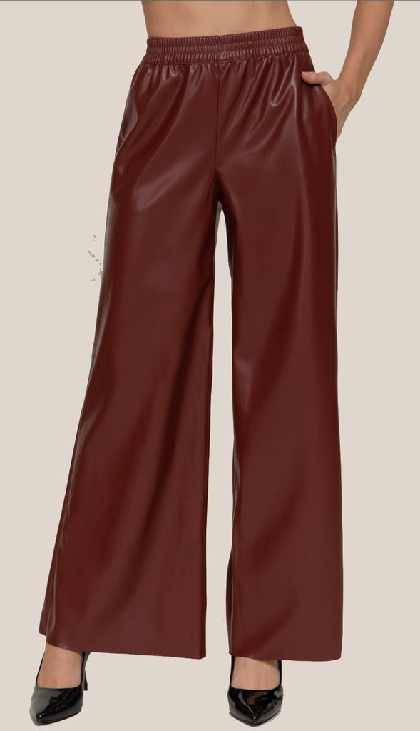 Phoenix Straight Faux Leather Wide Leg Pants- Burgundy