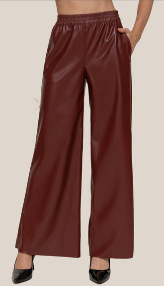 Phoenix Straight Faux Leather Wide Leg Pants- Burgundy