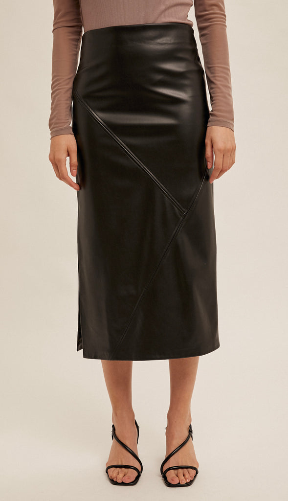 Faux Leather Midi Skirt- Black
