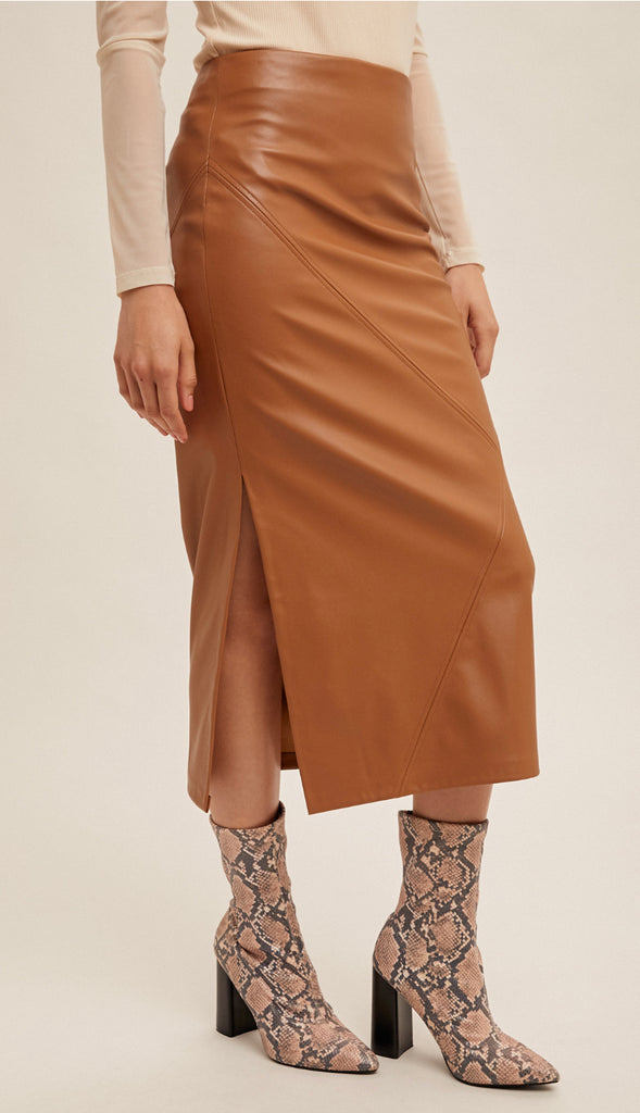 Faux Leather Midi Skirt- Black