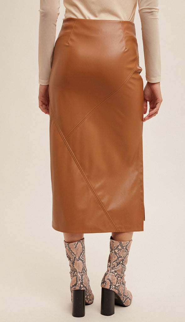 Faux Leather Midi Skirt- Brown