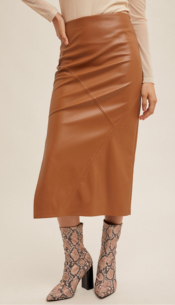 Faux Leather Midi Skirt- Brown