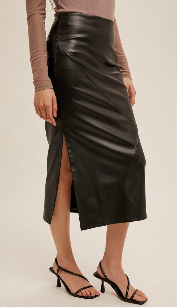 Faux Leather Midi Skirt- Black