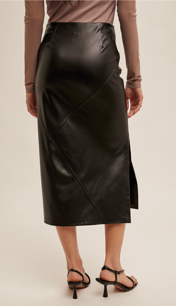 Faux Leather Midi Skirt- Brown