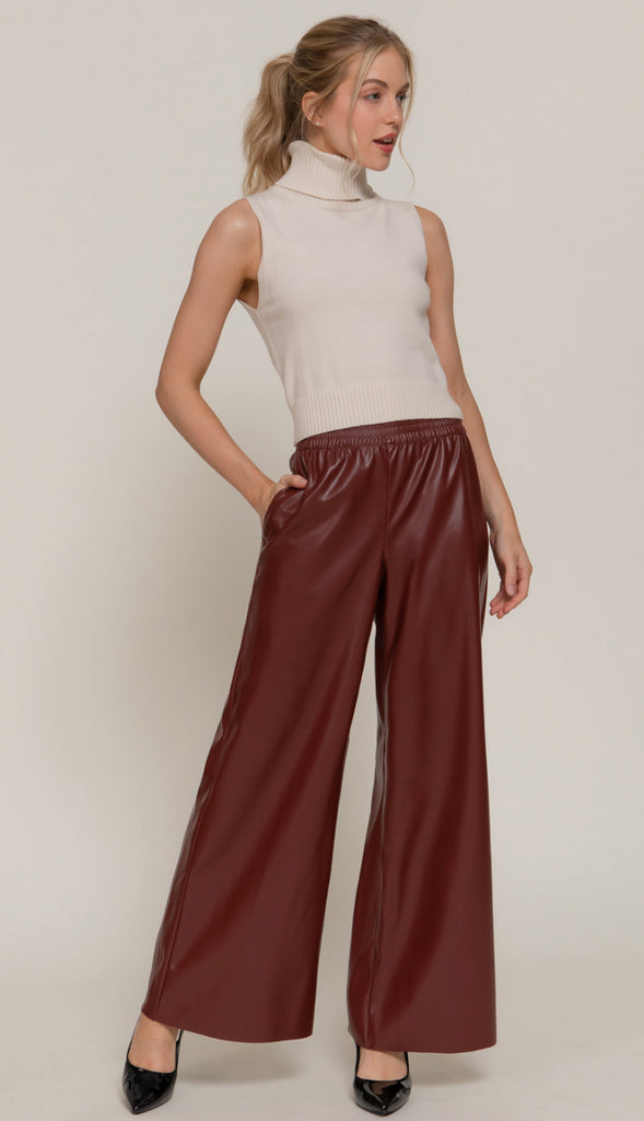 Phoenix Straight Faux Leather Wide Leg Pants- Black