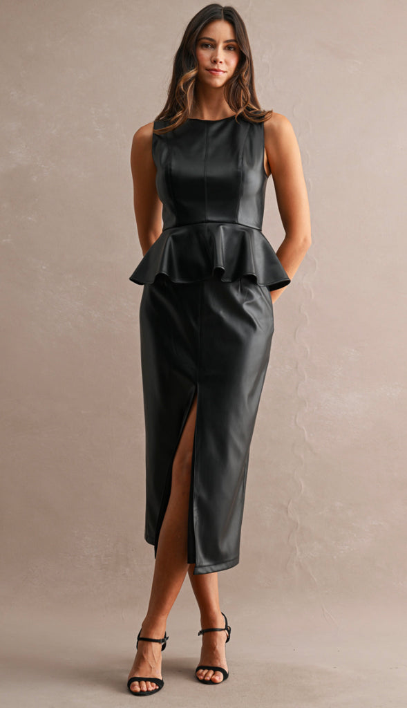 Wow Factor Faux Leather Midi Skirt- Black