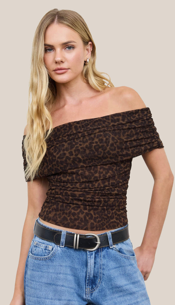 Lilith Off Shoulder Ruched Mesh Leopard Top- Brown