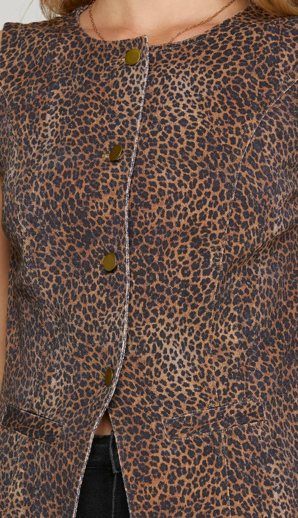 Hear Me Roar Animal Print Blazer Vest- Brown