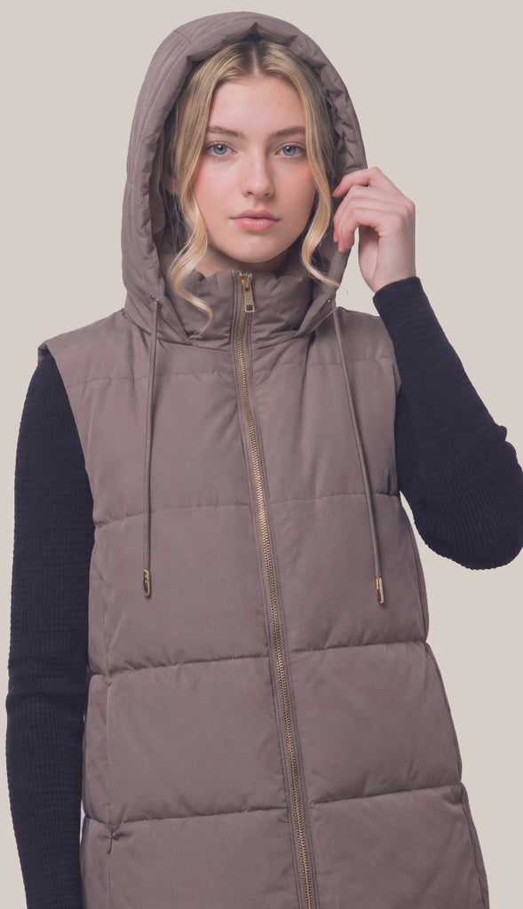 Bringing Warmth Long Hooded Puffer Vest- Taupe