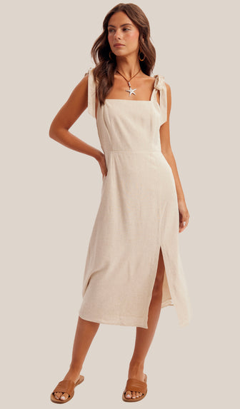 Lyla Linen Tie Strap Midi Dress- Oatmeal