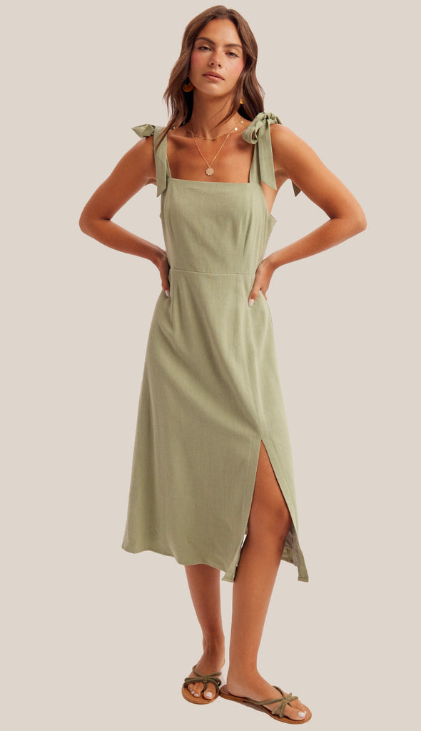 Lyla Linen Tie Strap Midi Dress- Oatmeal