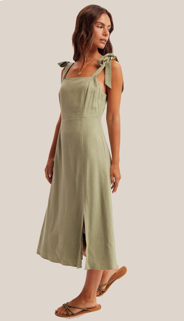Lyla Linen Tie Strap Midi Dress- Oatmeal