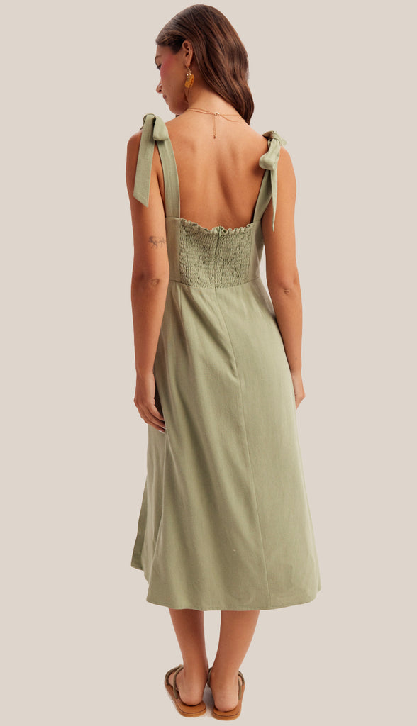 Lyla Linen Tie Strap Midi Dress- Cactus Green