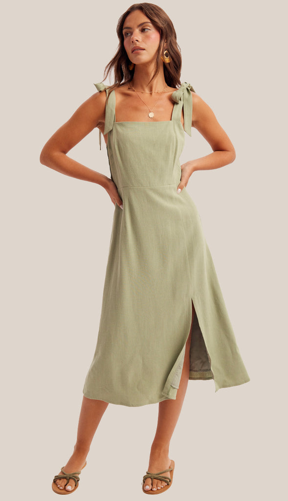 Lyla Linen Tie Strap Midi Dress- Cactus Green