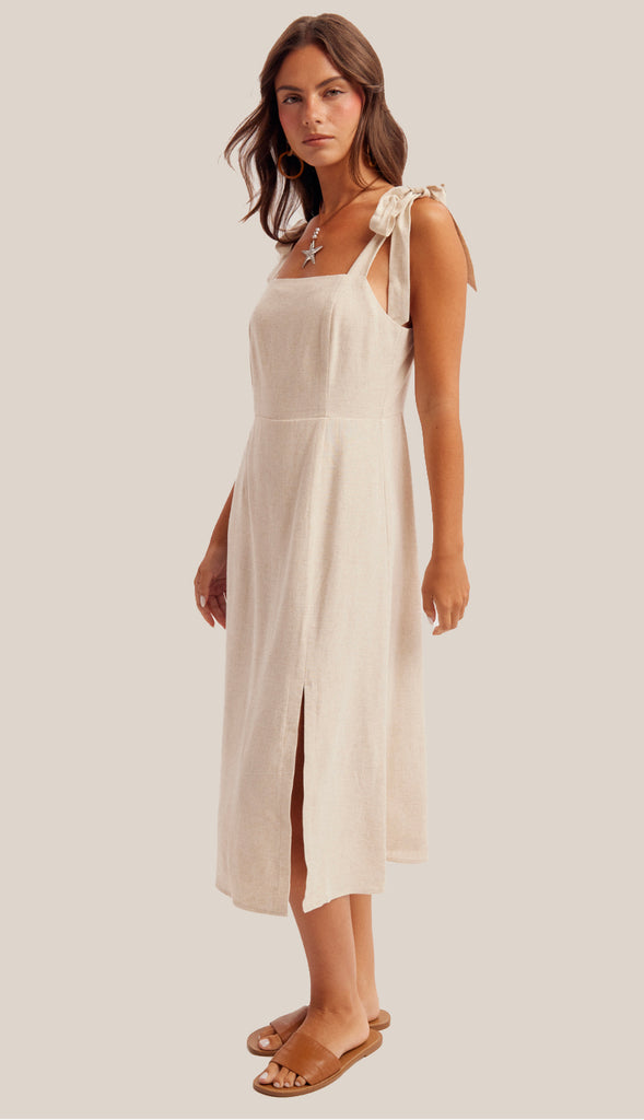 Lyla Linen Tie Strap Midi Dress- Cactus Green
