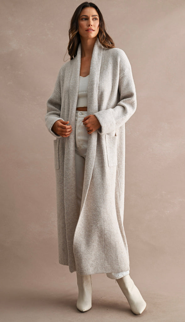 Feels Like Heaven Ribbed Maxi Cardigan- Lt Taupe