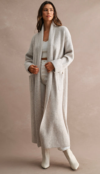 Feels Like Heaven Ribbed Maxi Cardigan- Lt Taupe