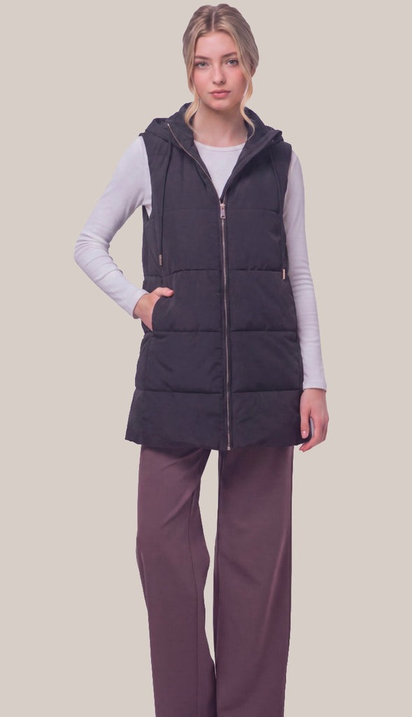 Bringing Warmth Long Hooded Puffer Vest- Black