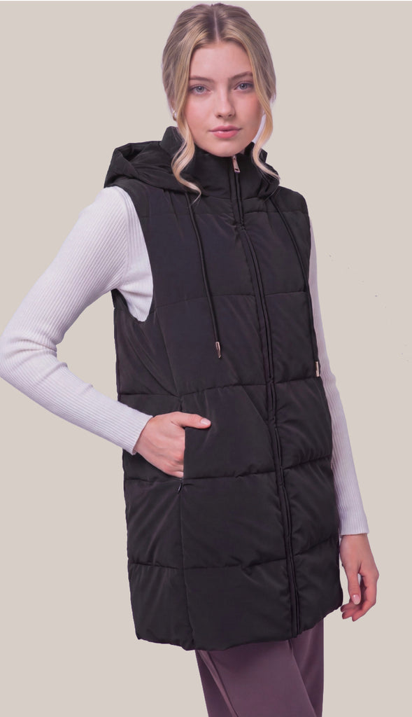 Bringing Warmth Long Hooded Puffer Vest- Black