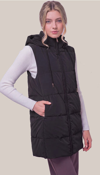 Bringing Warmth Long Hooded Puffer Vest- Black