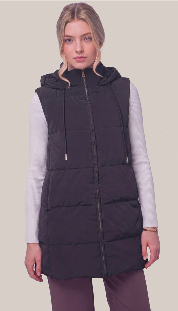 Bringing Warmth Long Hooded Puffer Vest- Black