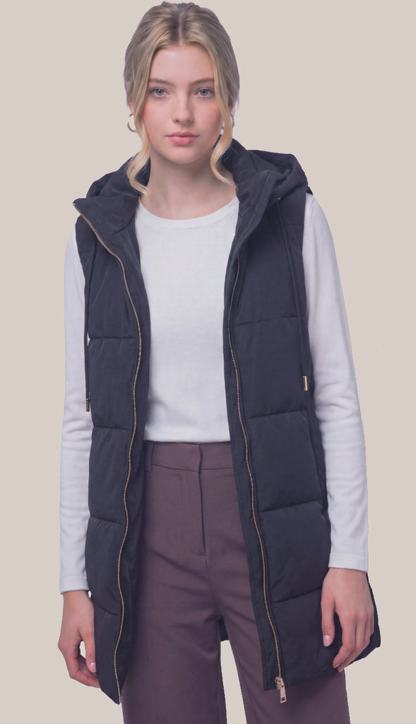 Bringing Warmth Long Hooded Puffer Vest- Black
