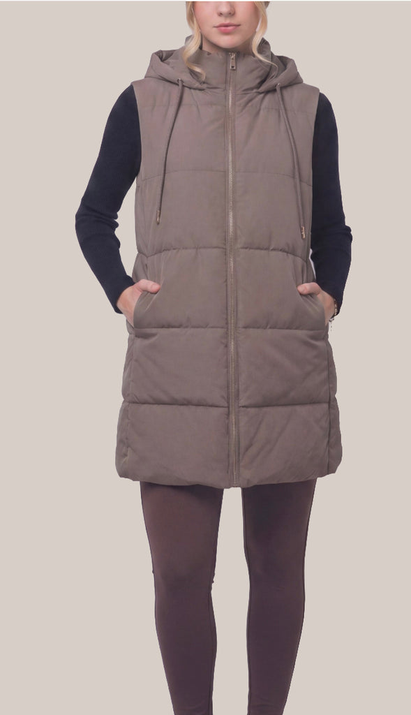 Bringing Warmth Long Hooded Puffer Vest- Taupe