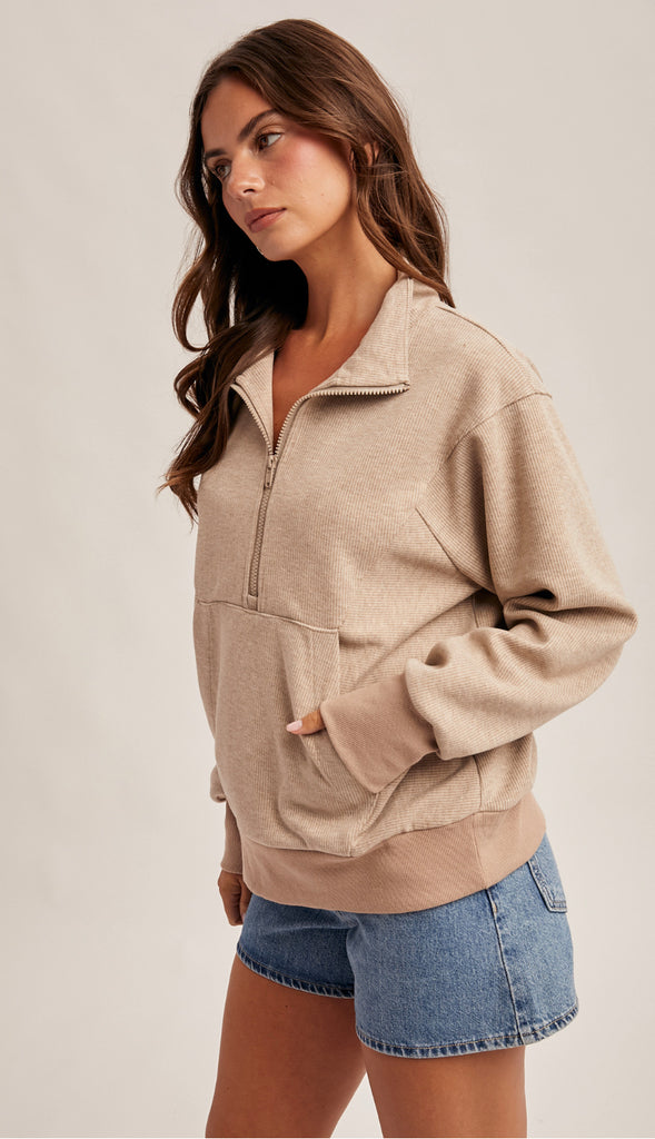 It's Lux Half Zip Up Wool Knit Sweatshirt- Ecru