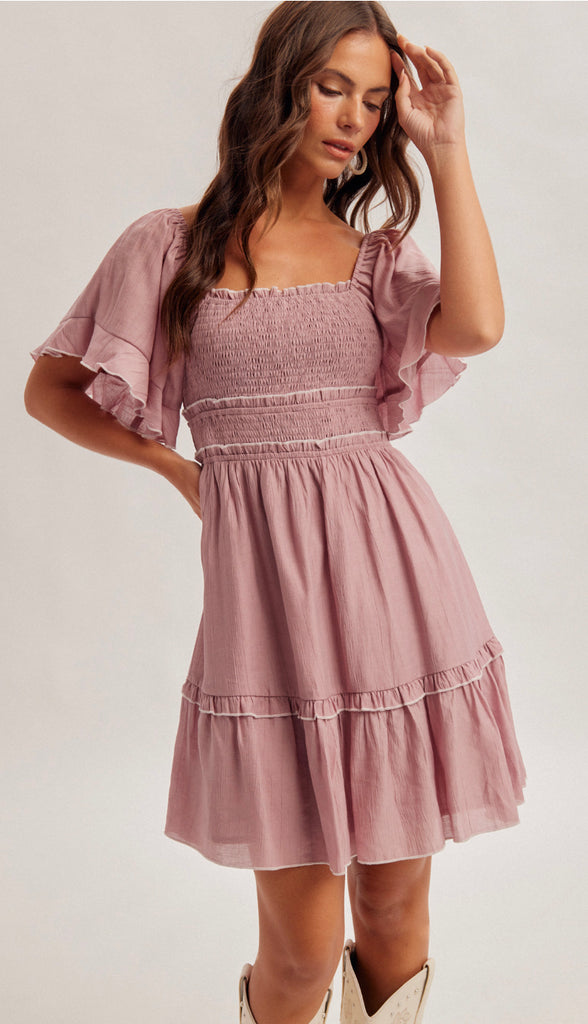 To The Heart Square Neck Flutter Sleeve Dress- Mauve