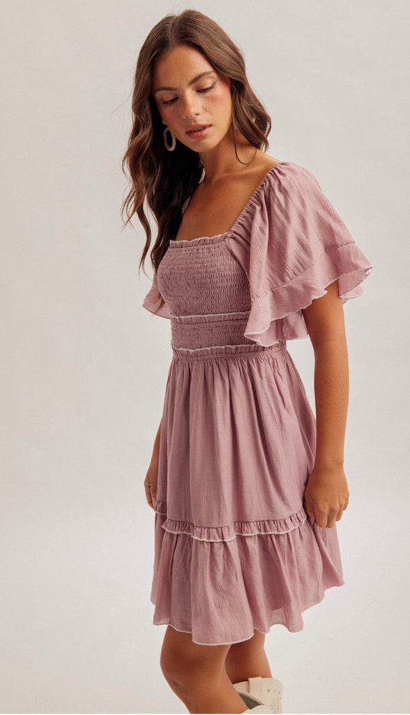 To The Heart Square Neck Flutter Sleeve Dress- Mauve