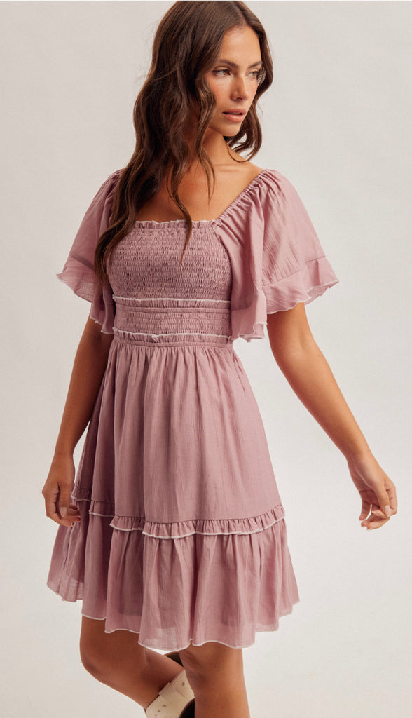To The Heart Square Neck Flutter Sleeve Dress- Mauve