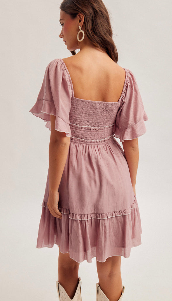 To The Heart Square Neck Flutter Sleeve Dress- Mauve