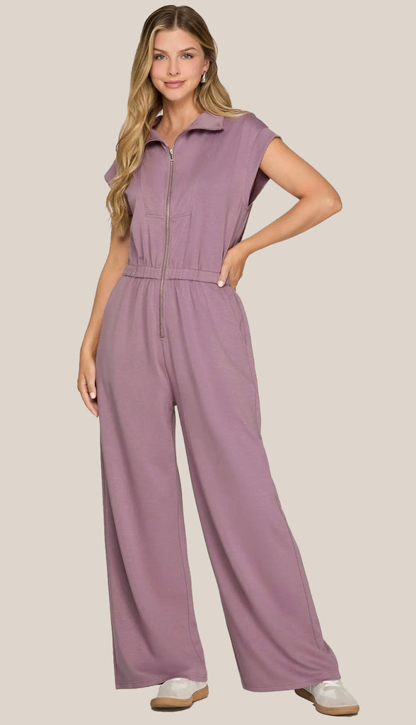 Cozy And Carefree Half Zip Knit Scuba Jumpsuit- Mauve