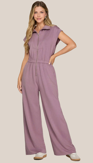 Cozy And Carefree Half Zip Knit Scuba Jumpsuit- Mauve