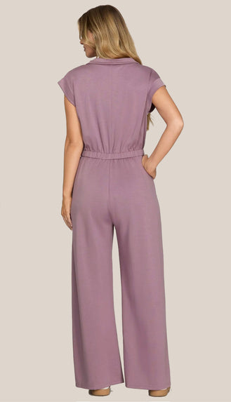 Cozy And Carefree Half Zip Knit Scuba Jumpsuit- Mauve