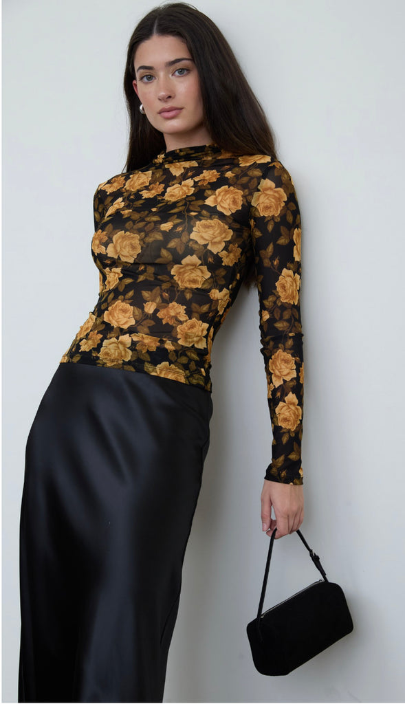 Midnight Floral Mesh Mock Neck Long Sleeve Top- Black