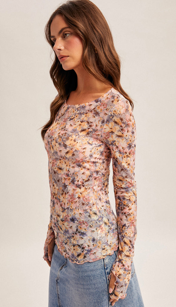 Sasha Floral Printed Mesh Long Sleeve Top- Lavender/ Orange