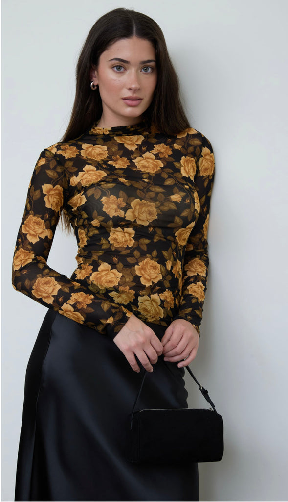 Midnight Floral Mesh Mock Neck Long Sleeve Top- Black