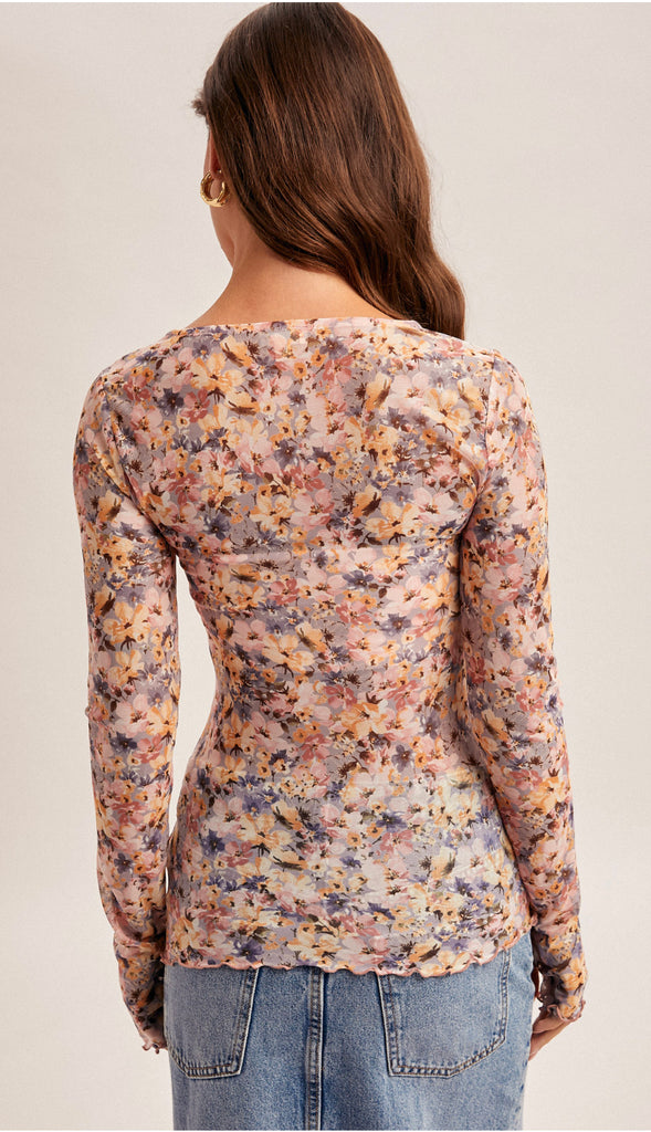 Sasha Floral Printed Mesh Long Sleeve Top- Lavender/ Orange
